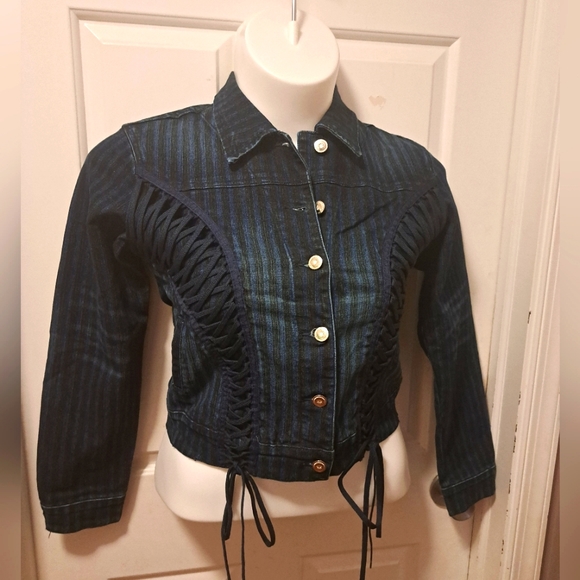 🆕️Y2k Crest Striped Lace Up Demin Cropped Jacket NWT Sz L - Picture 1 of 14